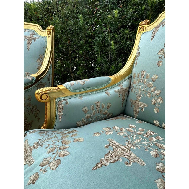Textile French Louis XV Style Blue-Green Bergere Wing Chair Set of 2 With Gold Leaf Details For Sale - Image 7 of 10