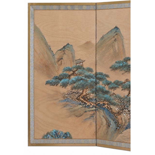 1970s 1970s Signed Asian Four-Panel Painted Landscape Folding Screen With Cranes and Pine Trees For Sale - Image 5 of 18