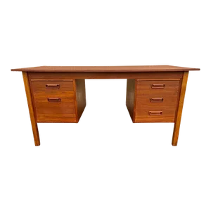 Mid 20th Century Danish Modern Style Five-Drawer Teak Partners Desk With Built-In Bookshelf