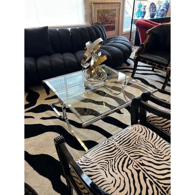 Modern Chrome and Glass X Motif Large Square Coffee Table With Brass Accents For Sale - Image 3 of 11