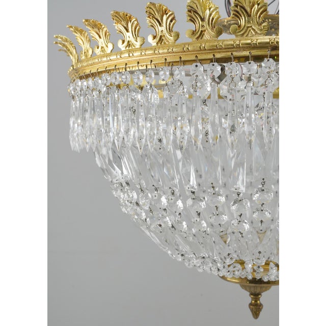 Traditional Mid 20th Century Restored Empire Crystal Basket Semi Flush Mount For Sale - Image 3 of 11