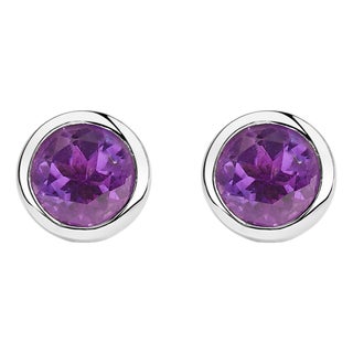 .925 Sterling Silver 6MM Bezel Set Created Purple Amethyst Solitaire Stud Earrings, A Pair For Sale
