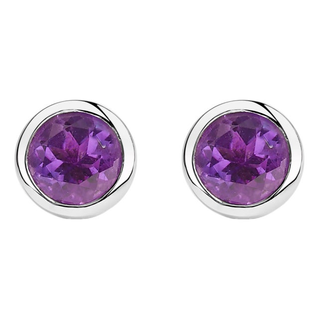 .925 Sterling Silver 6MM Bezel Set Created Purple Amethyst Solitaire Stud Earrings, A Pair For Sale