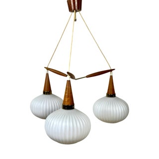 Vintage Scandinavian Chandelier in Brass, Glass, and Teak from Louis Kalff, 1960s For Sale