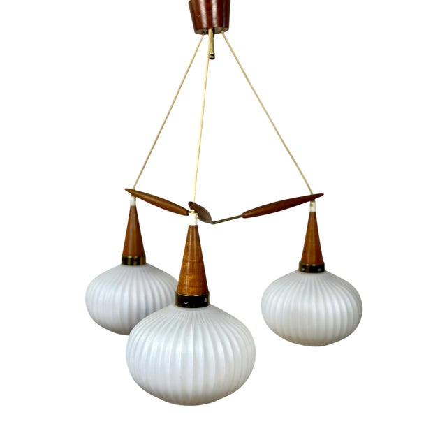 Vintage Scandinavian Chandelier in Brass, Glass, and Teak from Louis Kalff, 1960s For Sale