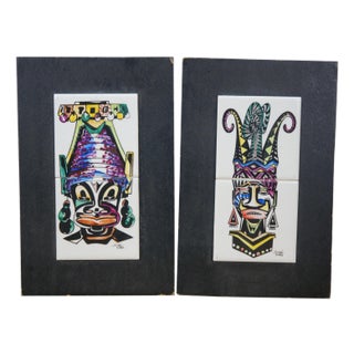 2 Julio Cuba South American Tribal Jester Face Masks Tile Art Plaque Pair For Sale