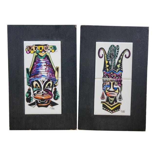 2 Julio Cuba South American Tribal Jester Face Masks Tile Art Plaque Pair For Sale