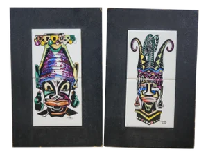 2 Julio Cuba South American Tribal Jester Face Masks Tile Art Plaque Pair