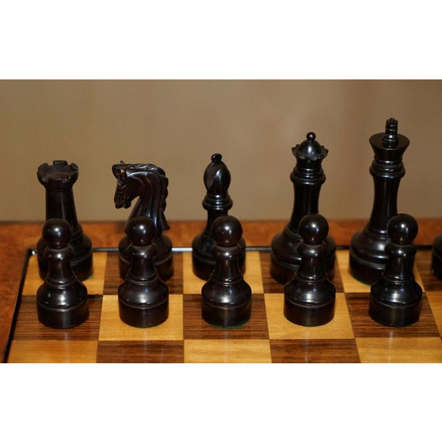 Vintage Burr Walnut Velvet Drawer Chessboard and Chess Set from Staunton, Set of 33 For Sale - Image 15 of 18