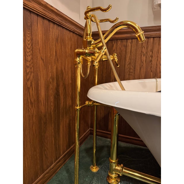 White Kohler Birthday Bath Cast Iron Clawfoot Tub With Brushed Gold Brass Finishes For Sale - Image 8 of 12