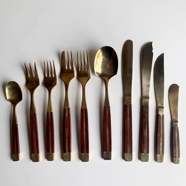 MidCentury Bronze & Rosewood Flatware, Service for 8 (91 Pieces