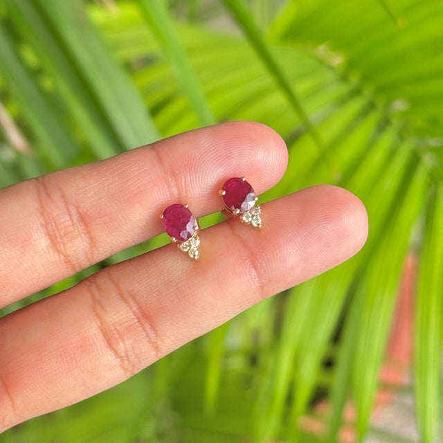 1.75 Ct Oval Cut Ruby and Diamond Crown Stud Earrings in 14k Gold- A Pair For Sale - Image 10 of 16