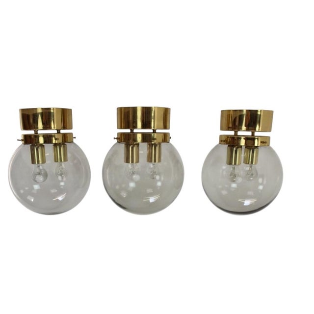 Rare set of three large Mid-Century ceiling lights produced in Kamenický Šenov, Czechoslovakia, during the 1970s. Each...