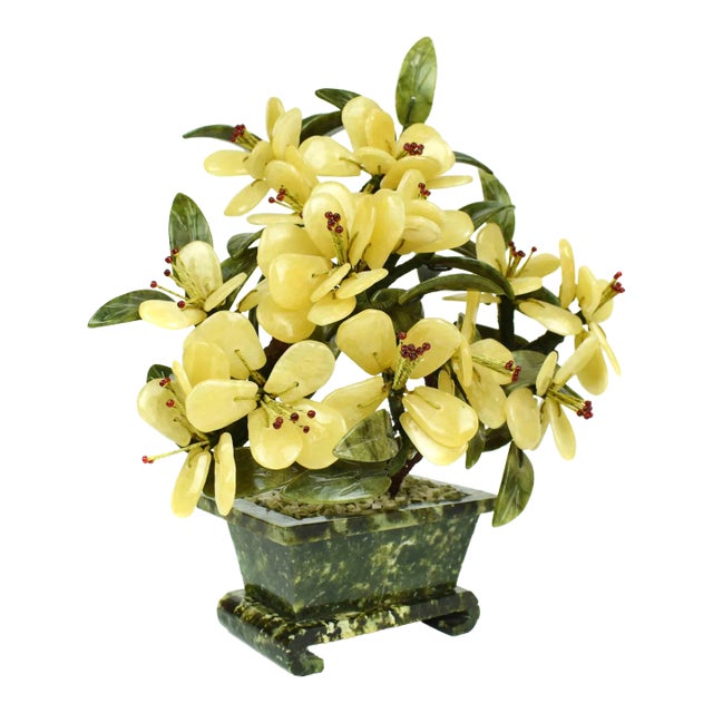 Mid-Century Handmade Natural Jade Semi Precious Stones Bonsai Flower Tree Sculpture For Sale