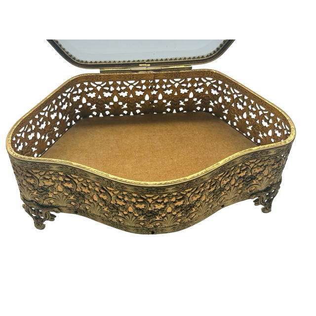 Large Antique Gilt Metal Jewelry Casket Beveled Glass Rococo Floral Box C1900 For Sale - Image 9 of 14