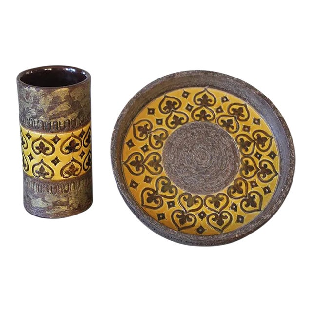 Set of 2 Vintage Aldo Londi Bitossi Ceramic Vase and Bowl, Signed For Sale