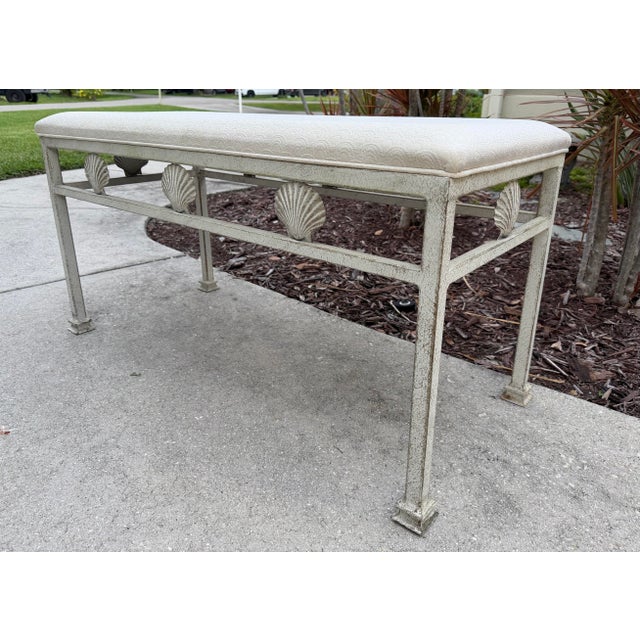 Hollywood Regency Vintage Palm Beach Scallop Shell Motif Upholstered Bench For Sale - Image 3 of 12