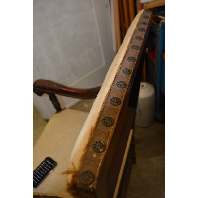 Antique Carved Wood Arm / Throne Chair Straw / Hair Stuffed W/ Metal Rivets For Sale - Image 14 of 17