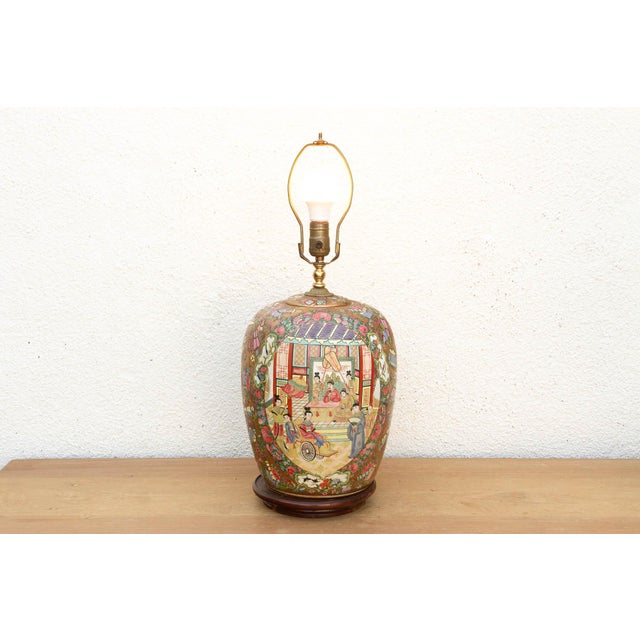 Large Pavillion Court Famille Rose Lamp For Sale - Image 4 of 10