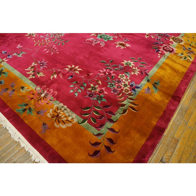 Exciting Red Background Color With Asymmetric Floral Design Antique Chinese Art Deco Rug For Sale - Image 9 of 9