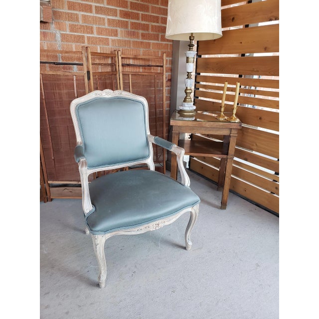 1950s Vintage Louis XV Style Armchair in Blue Gray Fabric For Sale - Image 4 of 12