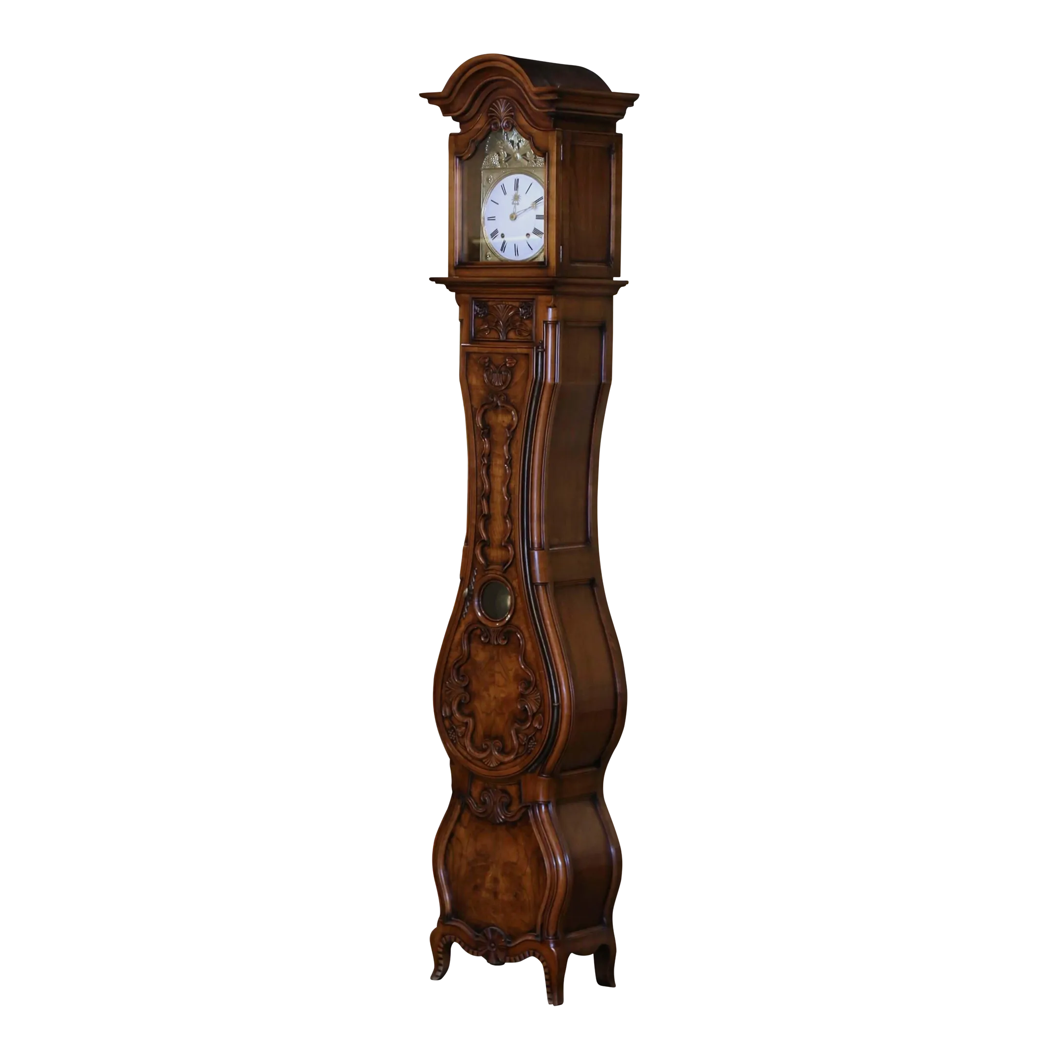 20th Century French Louis XV Carved Burl Wood Grandfather Clock