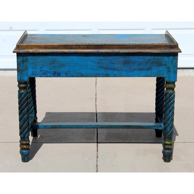 Late 20th Century Spanish Revival Console Table | Hand-Painted Distressed Blue Accent Table | Barley Twist Legs | Two Drawer Sofa Table For Sale - Image 10 of 16