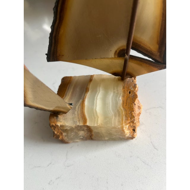 1970s Vintage Brutalist Brass Sailboat Sculpture on Onyx Base Signed-Mario Jason For Sale In Houston - Image 6 of 9