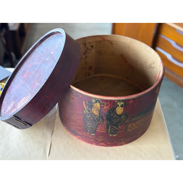 Mid 19th Century Red Antique Original Wooden Chinese Handpainted Hat Box / Basket For Sale - Image 5 of 7