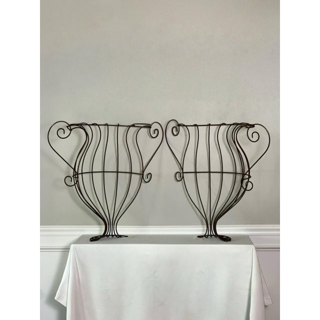 Brown Antique Large Neoclassical Style Wrought Iron Urn Form Demilune Wall Planters, Pair For Sale - Image 8 of 16