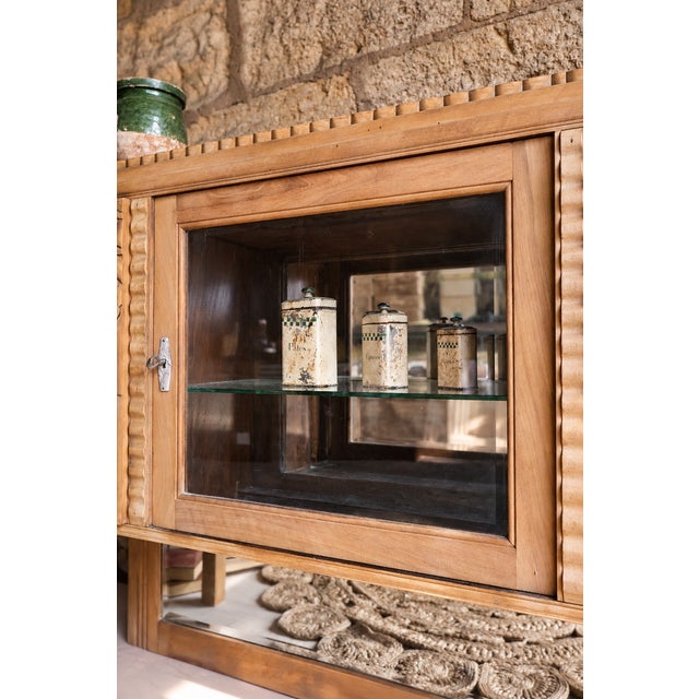 Wood Art Deco Walnut Display Cabinet with Carved Decorations and Brass Details, 1930s For Sale - Image 7 of 11