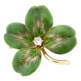 Antique Krementz & Co. 14k Four Leaf Clover, Old European Cut Diamond, Brooch For Sale