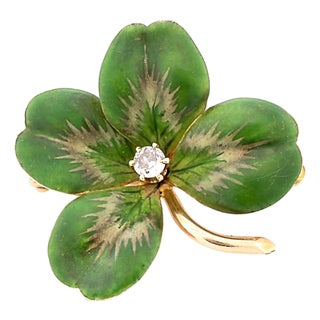 Antique Krementz & Co. 14k Four Leaf Clover, Old European Cut Diamond, Brooch For Sale