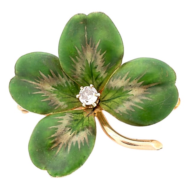 Antique Krementz & Co. 14k Four Leaf Clover, Old European Cut Diamond, Brooch For Sale