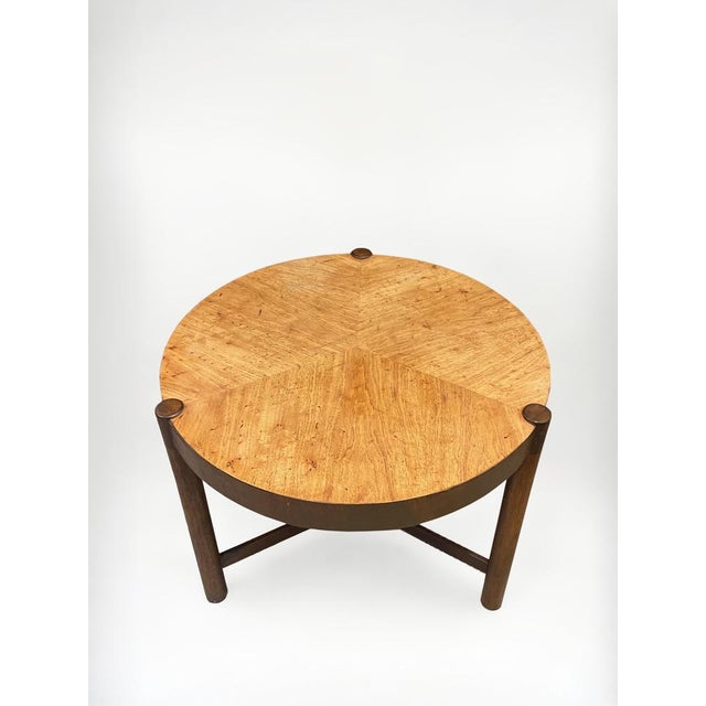Round three legged drum table in the style of Wormley for Dunbar or Robsjohn-Gibbings for Widdicomb. This has been...