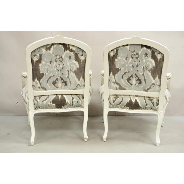 Vintage French Country Louis XV Style White Distress Painted Arm Chairs - A Pair For Sale - Image 10 of 12
