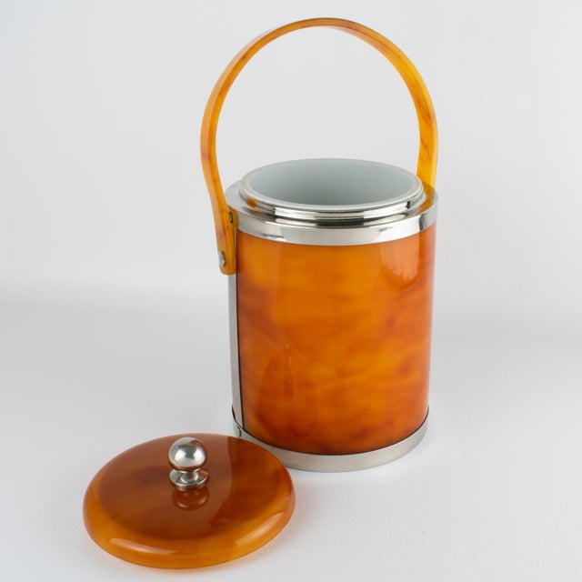Mid-Century Modern Christofle Chrome and Red Tea Amber Lucite Barware Ice Bucket, circa 1970 For Sale - Image 3 of 15