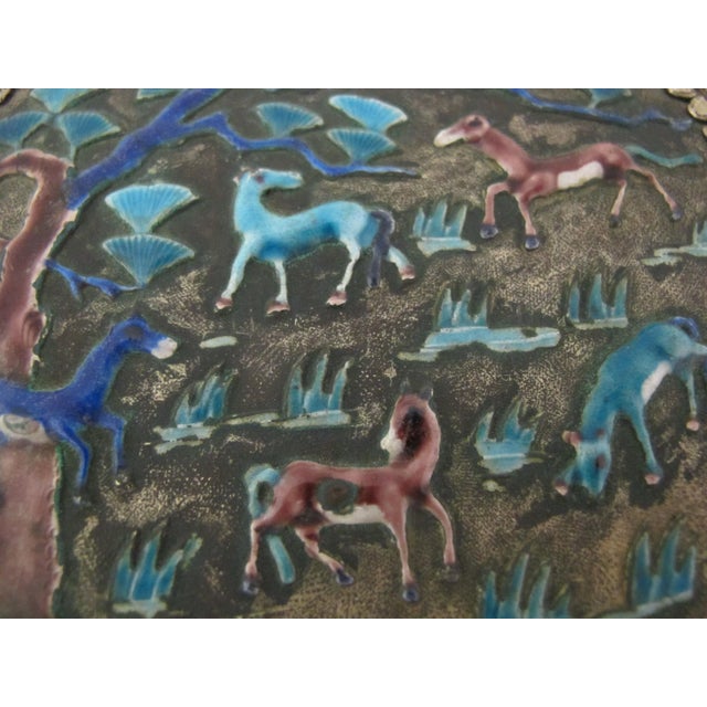 Chinese Antique Chinse Silver Turquoise Enamel Animal Woodland Design Jade Handle Mirror For Sale - Image 3 of 13