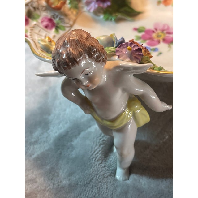 1900 - 1909 Dresden Antique Centerpiece Bowl With 3 Cherubs & Putti Flowers Signed Carl Thieme For Sale - Image 6 of 14