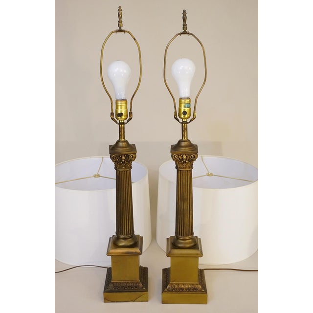 Large Pair Westwood Neoclassical Hollywood Regency Corinthan Column Bronzed Brass Table Lamps 1960's Tony Paul For Sale - Image 9 of 10