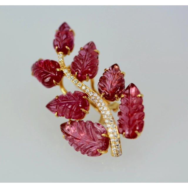 This is part of Chairish’s Fine Jewelry assortment. Rubellite Carved Leaf earrings 14K These Rubellite Carved leaf...
