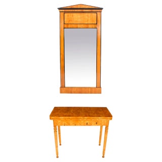 Antique Biedermeier Maserbirch Console / Card Table and Mirror, 19th Century, Set of 2 For Sale