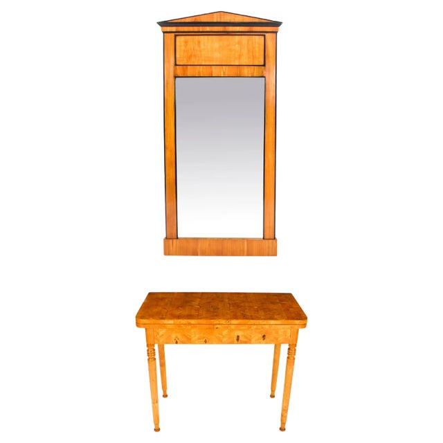 Antique Biedermeier Maserbirch Console / Card Table and Mirror, 19th Century, Set of 2 For Sale