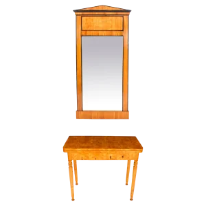 Antique Biedermeier Maserbirch Console / Card Table and Mirror, 19th Century, Set of 2