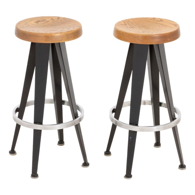 Pair of After Jean Prouve Circular Oak Seat Bar Stools For Sale
