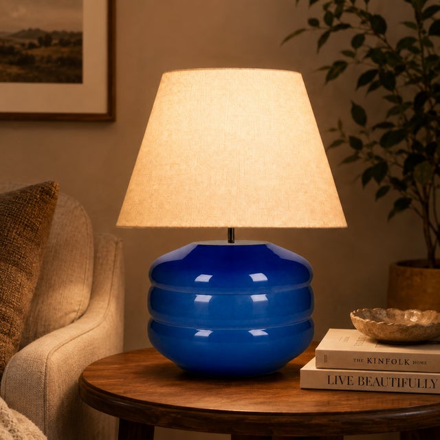 Hand-Blown Glass Table Lamp with Linen Shade in Rose by Svitanok For Sale - Image 4 of 6