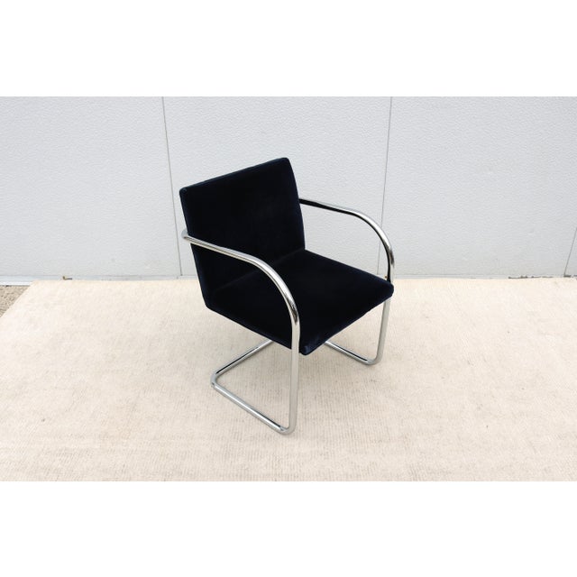 Bauhaus Ludwig Mies Van Der Rohe Brno Tubular Chair in Navy Blue Velvet Fabric by Gordon For Sale - Image 3 of 14