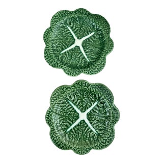 Vintage Bordallo Pinheiro Green & White Cabbage Leaf Dessert Plates, Set of 2 For Sale