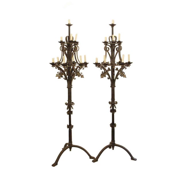Early 20th Century Gothic Wrought Iron Candelabra Floor Lamps A Pair Chairish