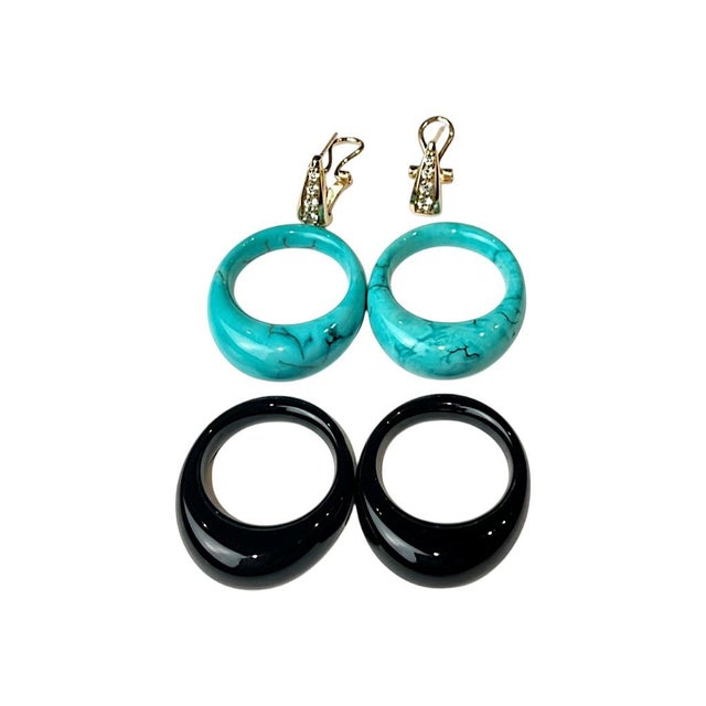 2020s 14k Yellow Gold Turquoise & Black Onyx Door Knocker Diamond Earrings, A Pair For Sale - Image 5 of 8